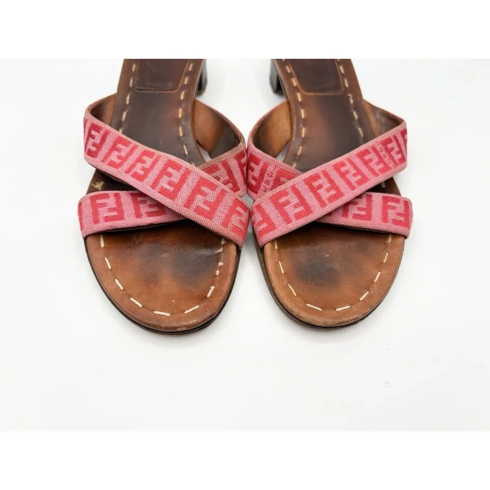 Fendi Brown Leather Sandals w/ Pink FF Logo Zucca Print Strap Vintage Size EU 37